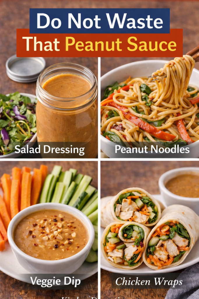 Easy Peanut Sauce Recipe (Better Than Takeout) 12 Four-photo collage showing ways to use leftover homemade peanut sauce, including salad dressing, peanut noodles, veggie dip, and chicken wraps.
