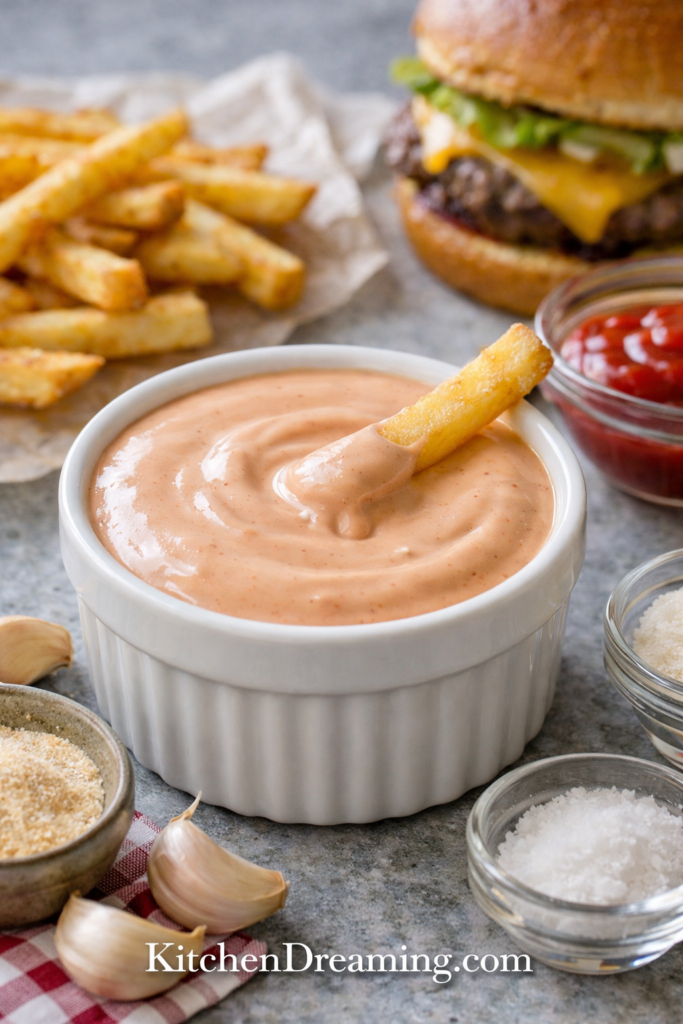 Classic Fry Sauce Recipe – Easy 5-Minute Dipping Sauce 1 Classic fry sauce served with french fries and burger in natural light.