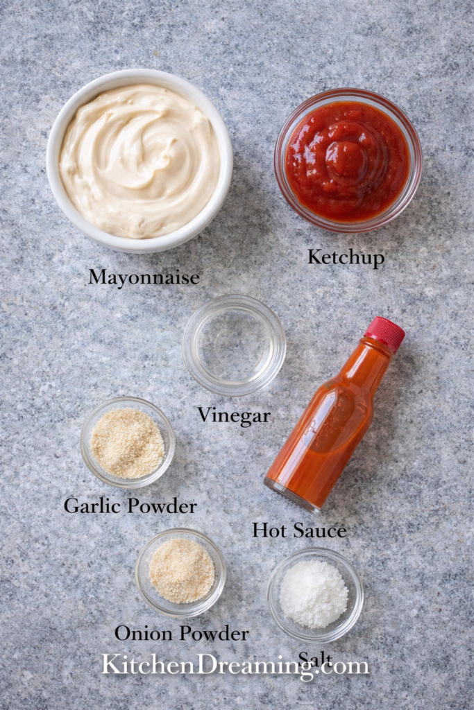 Classic Fry Sauce Recipe – Easy 5-Minute Dipping Sauce 2 Ingredients for homemade fry sauce arranged in an overhead flat lay.