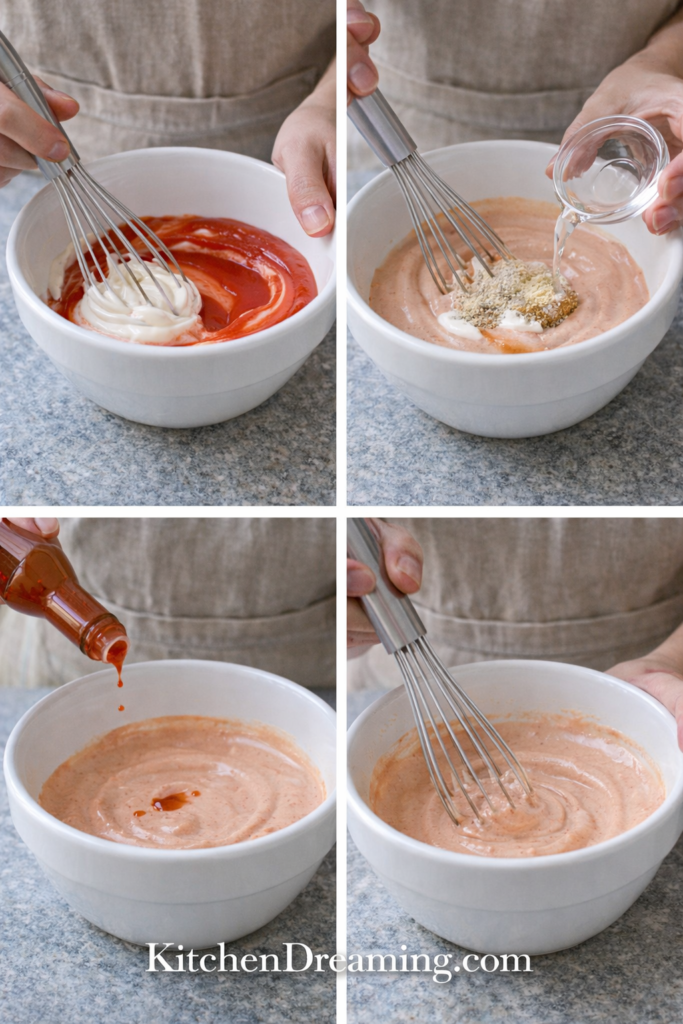 Classic Fry Sauce Recipe – Easy 5-Minute Dipping Sauce 3 Step-by-step process of making fry sauce in a mixing bowl.