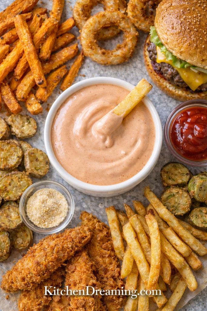 Classic Fry Sauce Recipe – Easy 5-Minute Dipping Sauce 4 Overhead view of fry sauce served with fries onion rings and burger.