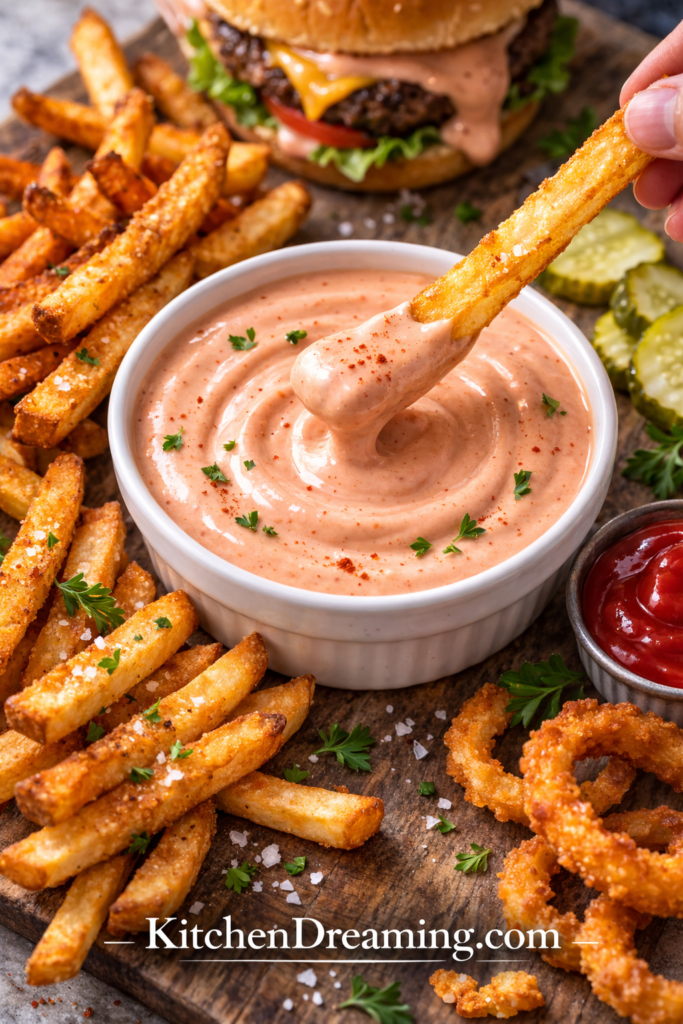 Classic Fry Sauce Recipe – Easy 5-Minute Dipping Sauce 6 Fork dipping french fry into creamy homemade fry sauce.