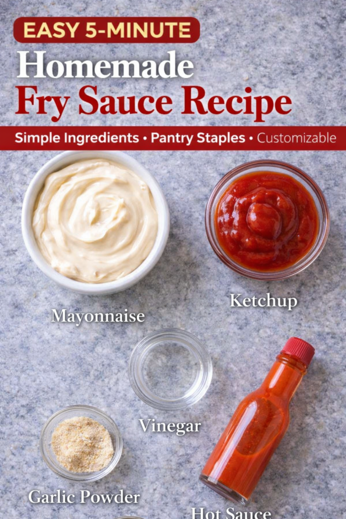 Classic Fry Sauce Recipe – Easy 5-Minute Dipping Sauce 10 Homemade fry sauce ingredients measured and ready to mix, overhead view.