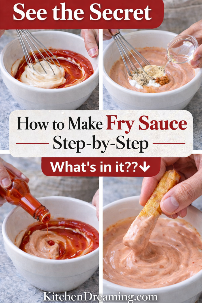Classic Fry Sauce Recipe – Easy 5-Minute Dipping Sauce 11 Step-by-step fry sauce mixing process in a bowl, with a fry dipped at the end.