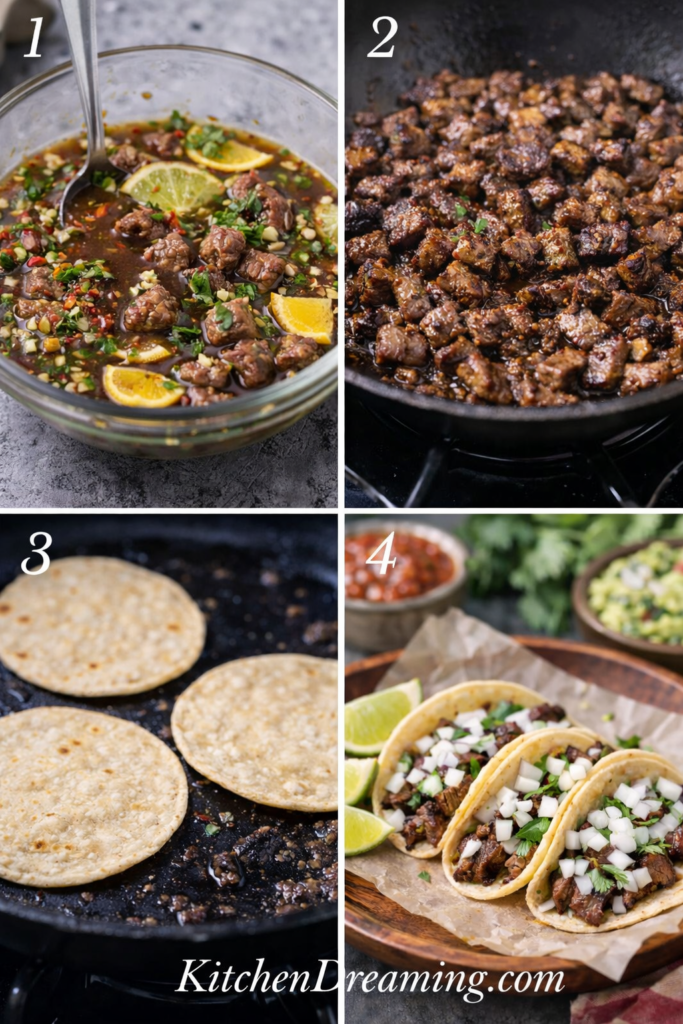 Mexican Street Tacos Recipe (Better Than Takeout) 2 Step by step collage showing how to make Mexican street tacos recipe with marinated flank steak, skillet cooking, warmed corn tortillas, and onion cilantro toppings.