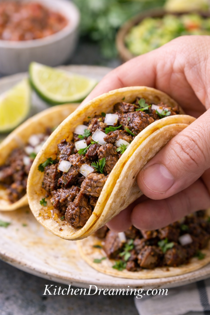 Mexican Street Tacos Recipe (Better Than Takeout) 5 Hand holding a corn tortilla taco filled with juicy marinated flank steak topped with diced white onion and cilantro for a Mexican street tacos recipe.