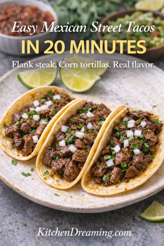 Mexican Street Tacos Recipe (Better Than Takeout) 9 Easy Mexican street tacos recipe served on corn tortillas with marinated flank steak, diced white onion, cilantro, and lime wedges.