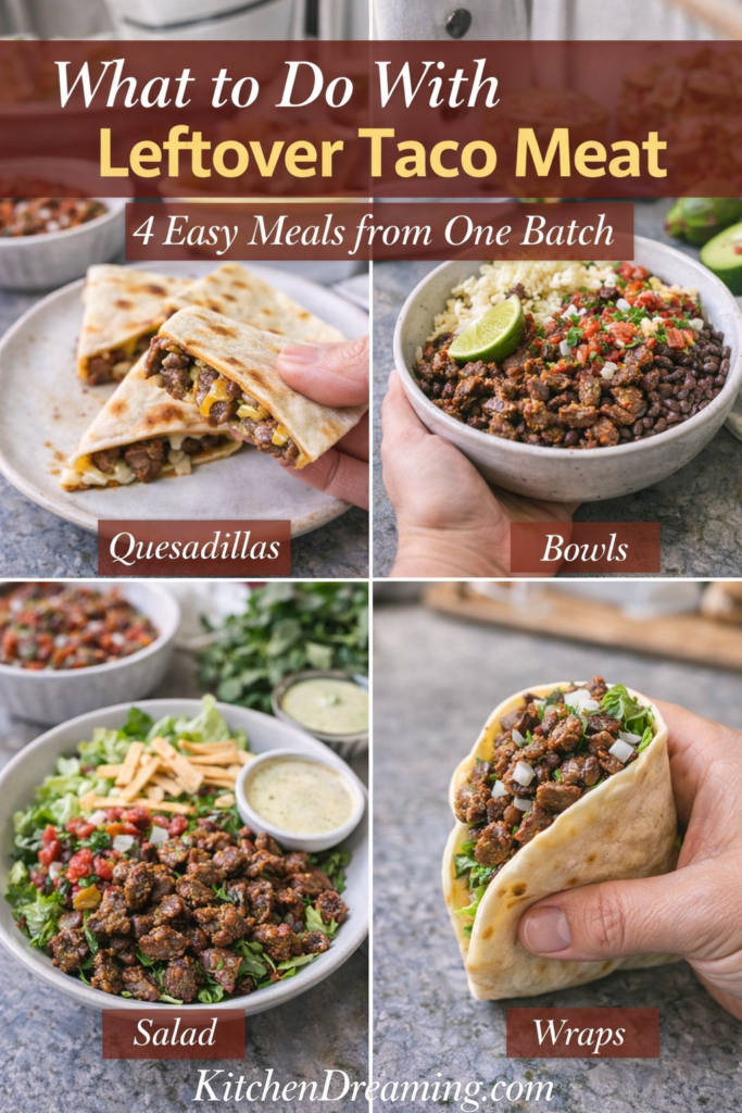 Mexican Street Tacos Recipe (Better Than Takeout) 12 Collage showing leftover taco meat repurposed into quesadillas, taco bowls, salad, and wraps for Mexican street tacos recipe leftovers.
