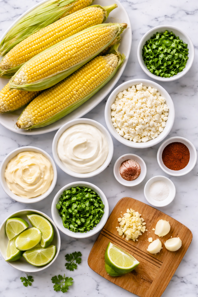 Mexican Street Corn - EloteMexican Street Corn Recipe with Cotija, Lime, and Crema 2 Ingredients for mexican street corn recipe, including corn, crema, mayo, cotija, chili powder, cilantro, garlic, and lime.