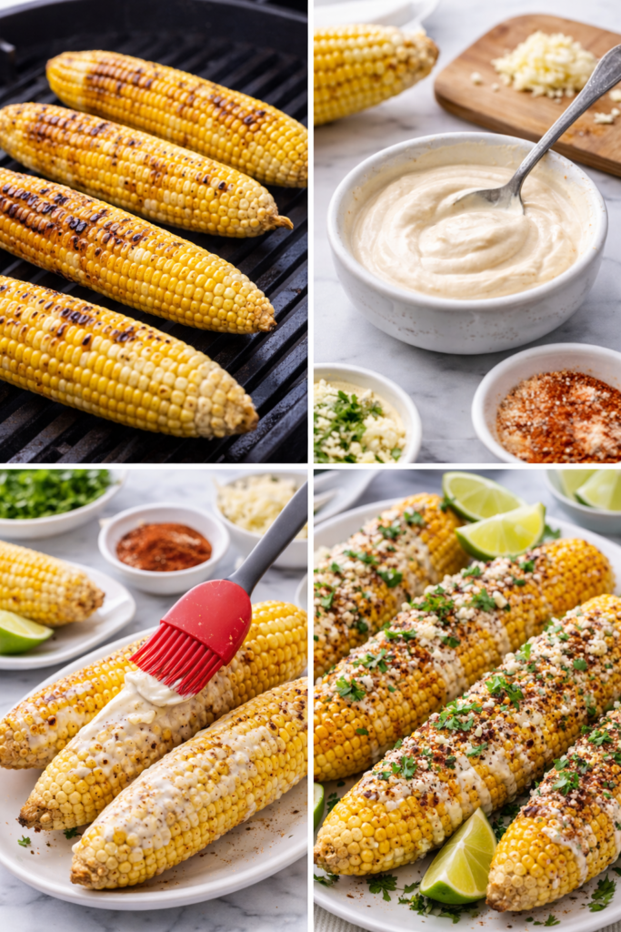 Mexican Street Corn - EloteMexican Street Corn Recipe with Cotija, Lime, and Crema 3 Step-by-step mexican street corn recipe collage showing grilling, saucing, seasoning, and serving.