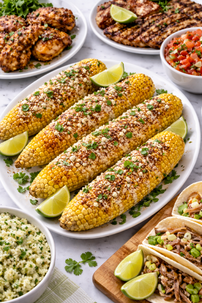 Mexican Street Corn - EloteMexican Street Corn Recipe with Cotija, Lime, and Crema 4 Mexican street corn recipe on a platter with tacos, grilled chicken, salsa, and cilantro lime rice.