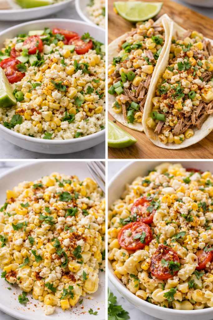 Mexican Street Corn - EloteMexican Street Corn Recipe with Cotija, Lime, and Crema 5 Leftover mexican street corn recipe ideas in a collage with rice bowls, tacos, scrambled eggs, and pasta salad.