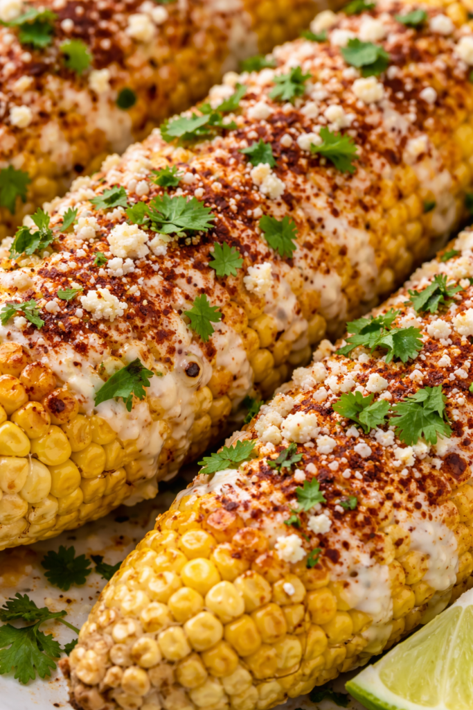 Mexican Street Corn - EloteMexican Street Corn Recipe with Cotija, Lime, and Crema 6 Close-up of mexican street corn recipe with charred corn, creamy sauce, cotija cheese, chili powder, and cilantro.