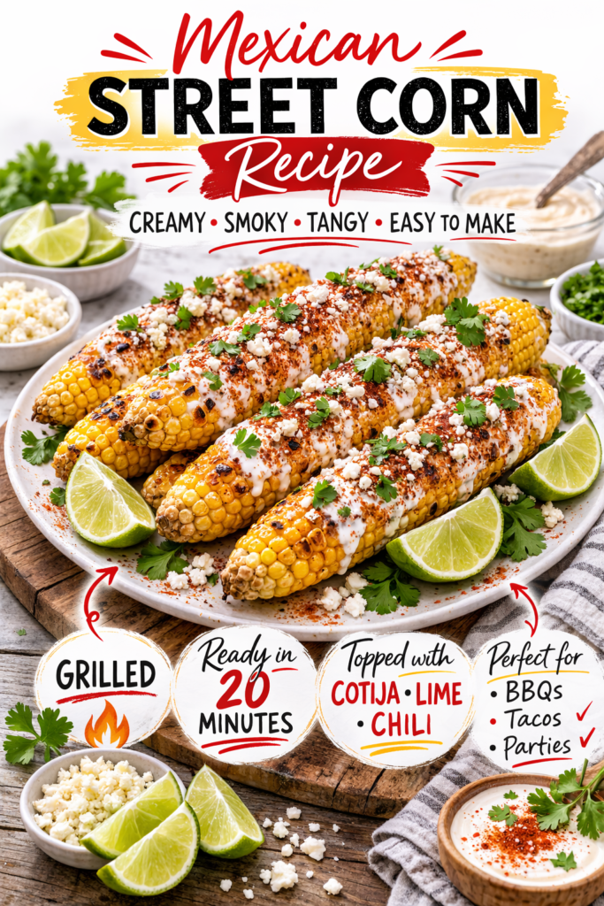 Mexican Street Corn - EloteMexican Street Corn Recipe with Cotija, Lime, and Crema 9 Mexican street corn recipe graphic showing grilled corn with cotija, chili powder, cilantro, and lime.