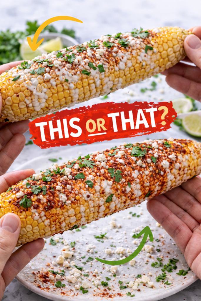 Mexican Street Corn - EloteMexican Street Corn Recipe with Cotija, Lime, and Crema 11 Mexican street corn recipe comparison showing one mild cob and one extra chili cotija cob, side by side.