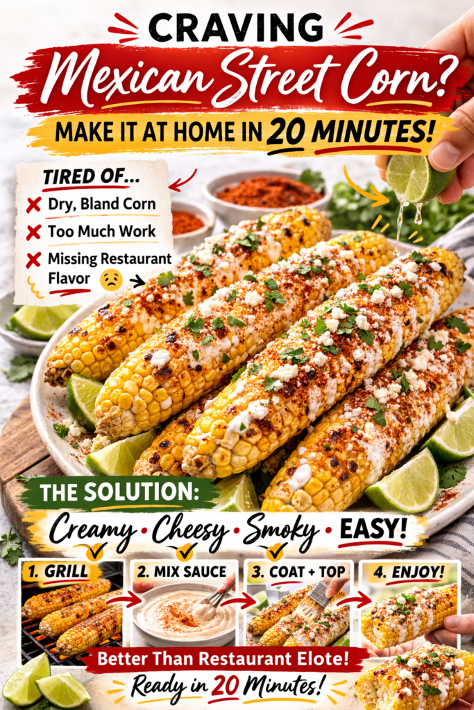 Mexican Street Corn - EloteMexican Street Corn Recipe with Cotija, Lime, and Crema 12 Mexican street corn recipe graphic showing the fix for bland corn with creamy cotija chili lime topping.