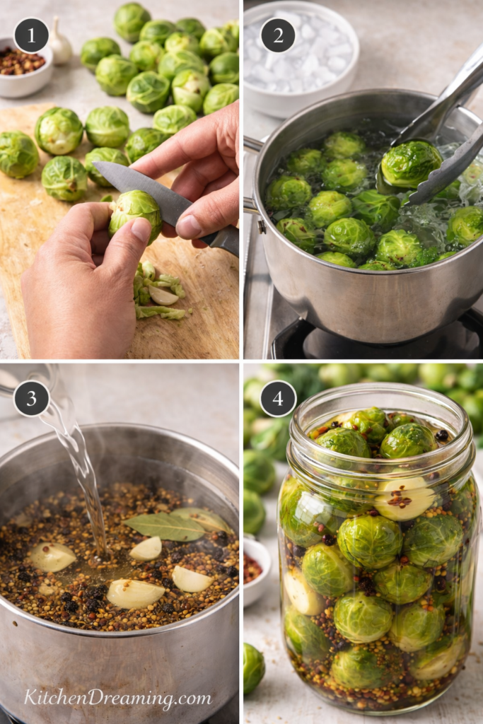 Pickled Brussel Sprouts (Easy Refrigerator Method) 2 Four-step collage showing how to make pickled Brussels sprouts, including trimming, blanching, making brine, and packing a jar for refrigerator pickled Brussels sprouts.