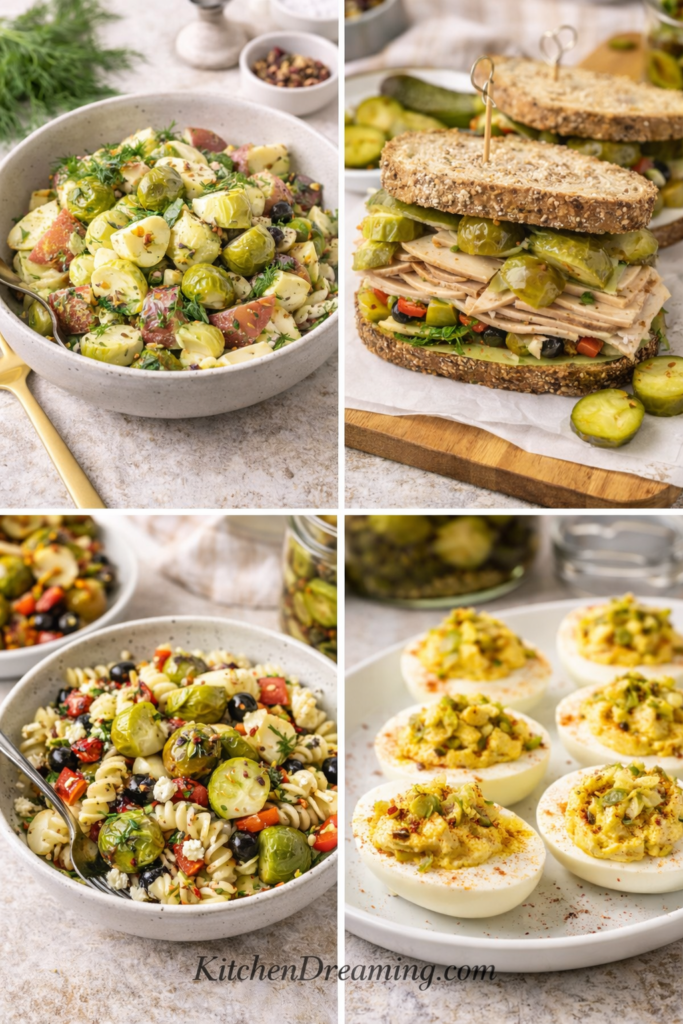 Pickled Brussel Sprouts (Easy Refrigerator Method) 4 Collage of ways to use leftover pickled Brussels sprouts, including potato salad, sandwich topping, pasta salad mix-in, and deviled eggs.