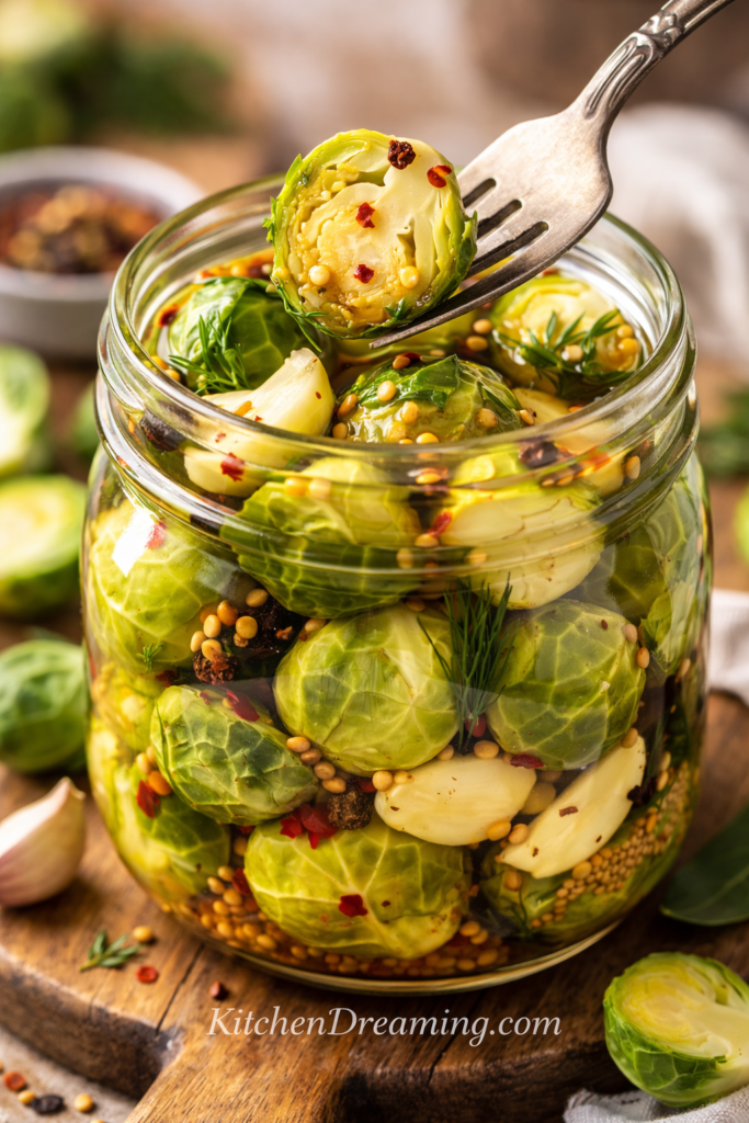 Pickled Brussel Sprouts (Easy Refrigerator Method) 5 Fork lifting a halved pickled Brussels sprout from a jar, showing crisp texture in a refrigerator pickled Brussels sprouts recipe.