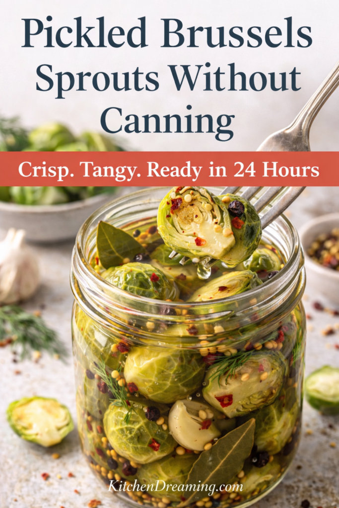 Pickled Brussel Sprouts (Easy Refrigerator Method) 7 Jar of pickled Brussels sprouts in vinegar brine with garlic and mustard seeds, easy refrigerator pickled Brussels sprouts recipe.