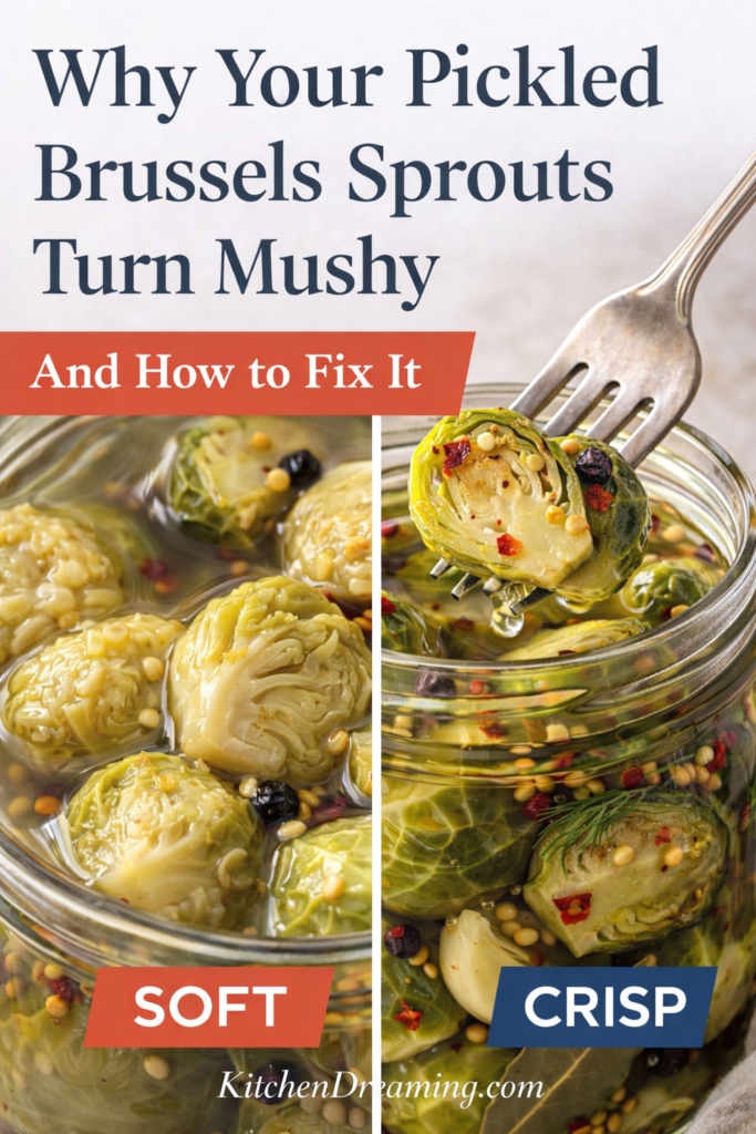 Pickled Brussel Sprouts (Easy Refrigerator Method) 8 Side by side comparison of soft and crisp pickled Brussels sprouts showing texture difference in refrigerator pickled Brussels sprouts.