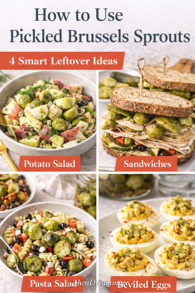 Pickled Brussel Sprouts (Easy Refrigerator Method) 10 Collage showing pickled Brussels sprouts used in potato salad, sandwiches, pasta salad, and deviled eggs.