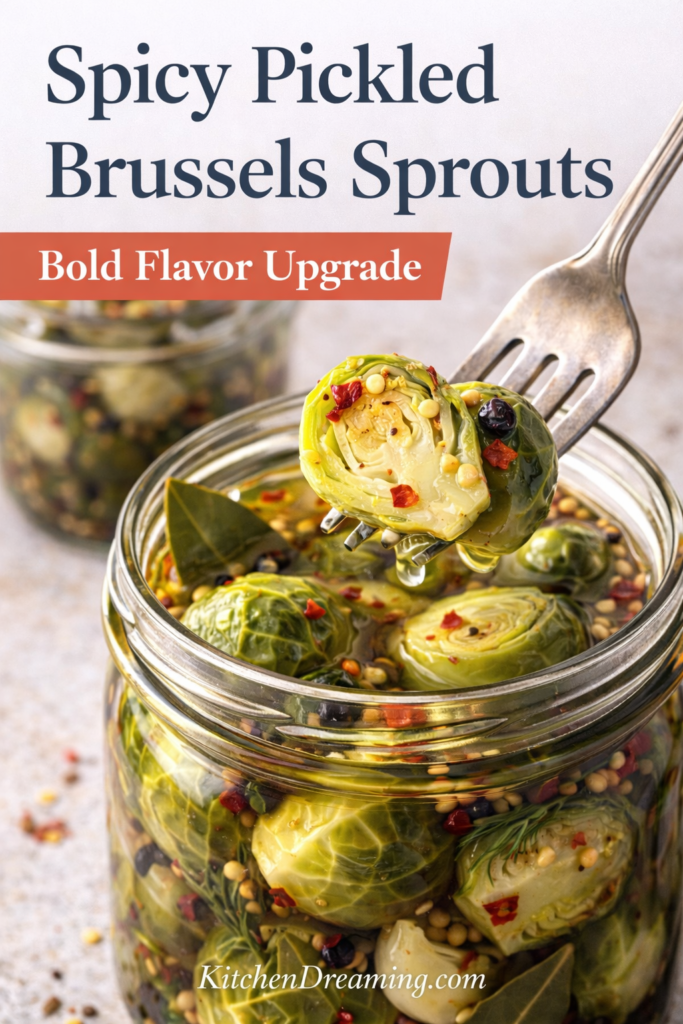 Pickled Brussel Sprouts (Easy Refrigerator Method) 11 Fork lifting spicy pickled Brussels sprouts from jar showing crisp texture and red pepper flakes in brine.