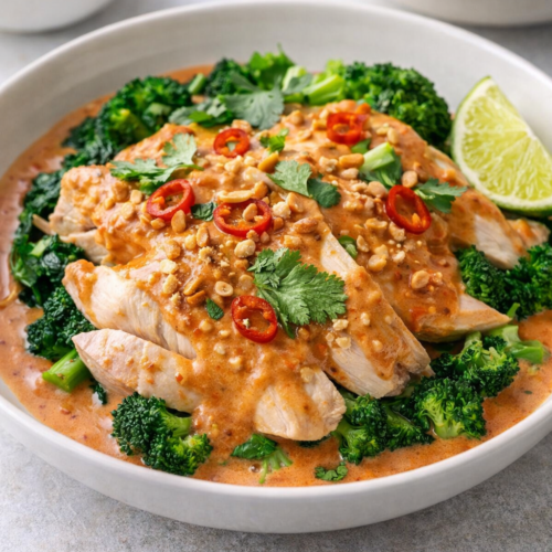 Pra Ram Sauce Recipe (Restaurant-Style Thai Peanut Curry) 7 Restaurant-style Pra Ram sauce over chicken and broccoli in a bowl with rice, cilantro, peanuts, and lime, Thai peanut curry sauce recipe.