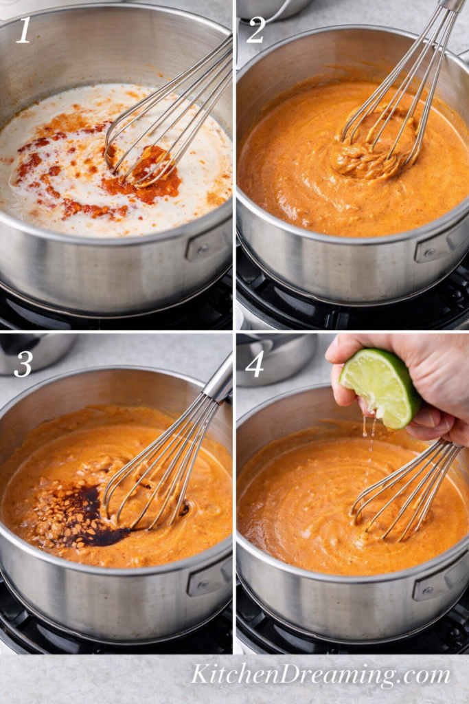 Pra Ram Sauce Recipe (Restaurant-Style Thai Peanut Curry) 2 4-step collage showing how to make Pra Ram sauce recipe, Thai peanut curry sauce with coconut milk, red curry paste, peanut butter, and lime.