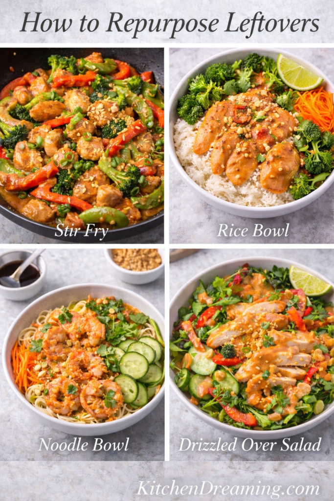 Pra Ram Sauce Recipe (Restaurant-Style Thai Peanut Curry) 4 Collage of leftover Pra Ram sauce uses including stir fry, rice bowl, noodle bowl, and salad with Thai peanut curry sauce.