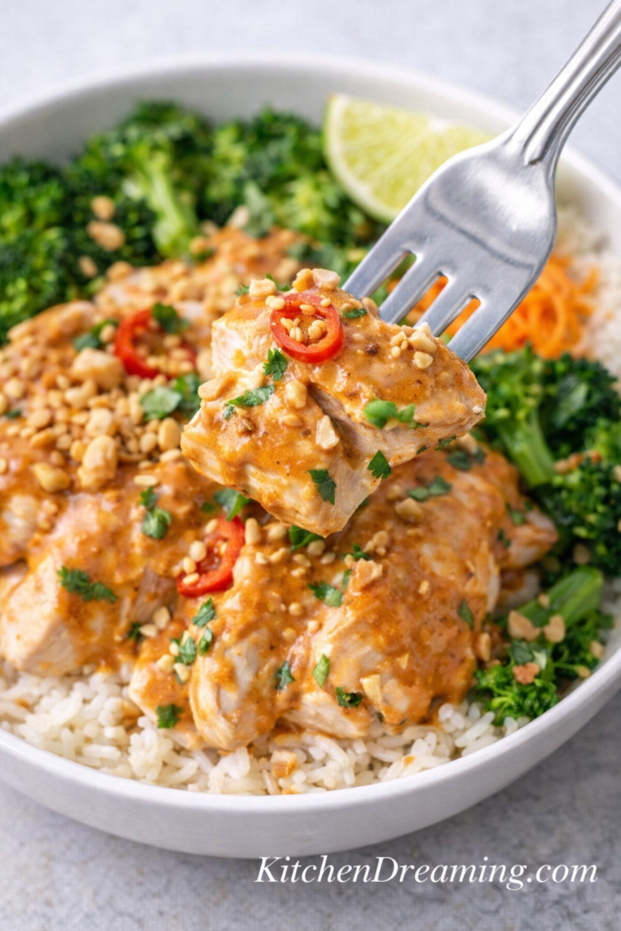 Pra Ram Sauce Recipe (Restaurant-Style Thai Peanut Curry) 5 Fork bite of chicken coated in creamy Pra Ram sauce, Thai peanut curry sauce recipe with peanuts, cilantro, chili, rice, and broccoli.