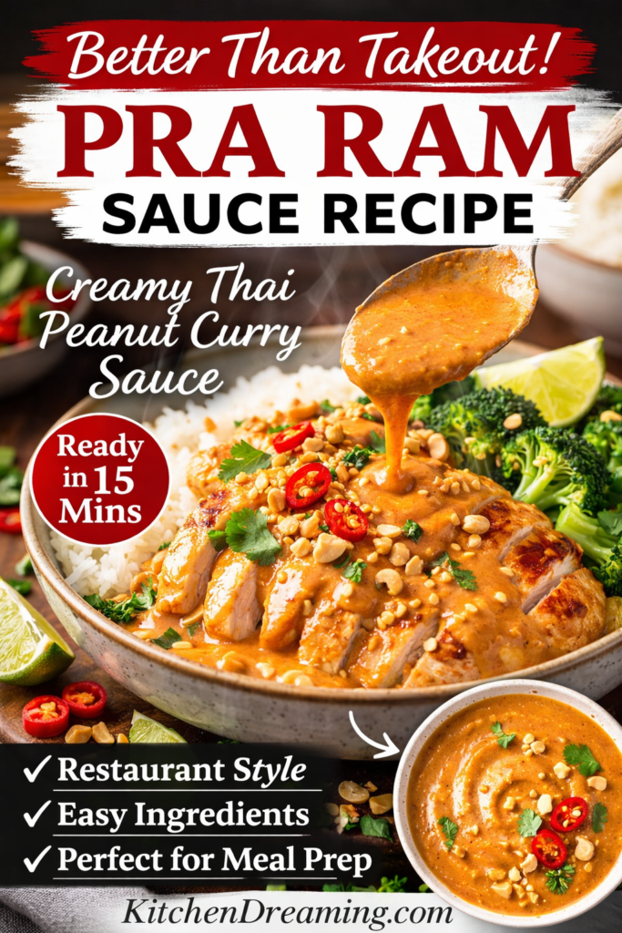 Pra Ram Sauce Recipe (Restaurant-Style Thai Peanut Curry) 8 Restaurant style Pra Ram sauce recipe poured over chicken and rice bowl with broccoli, peanuts, cilantro, and lime.