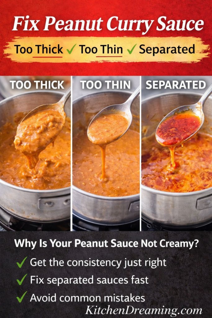 Pra Ram Sauce Recipe (Restaurant-Style Thai Peanut Curry) 9 Collage showing how to fix Pra Ram sauce texture including too thick, too thin, and separated Thai peanut curry sauce.