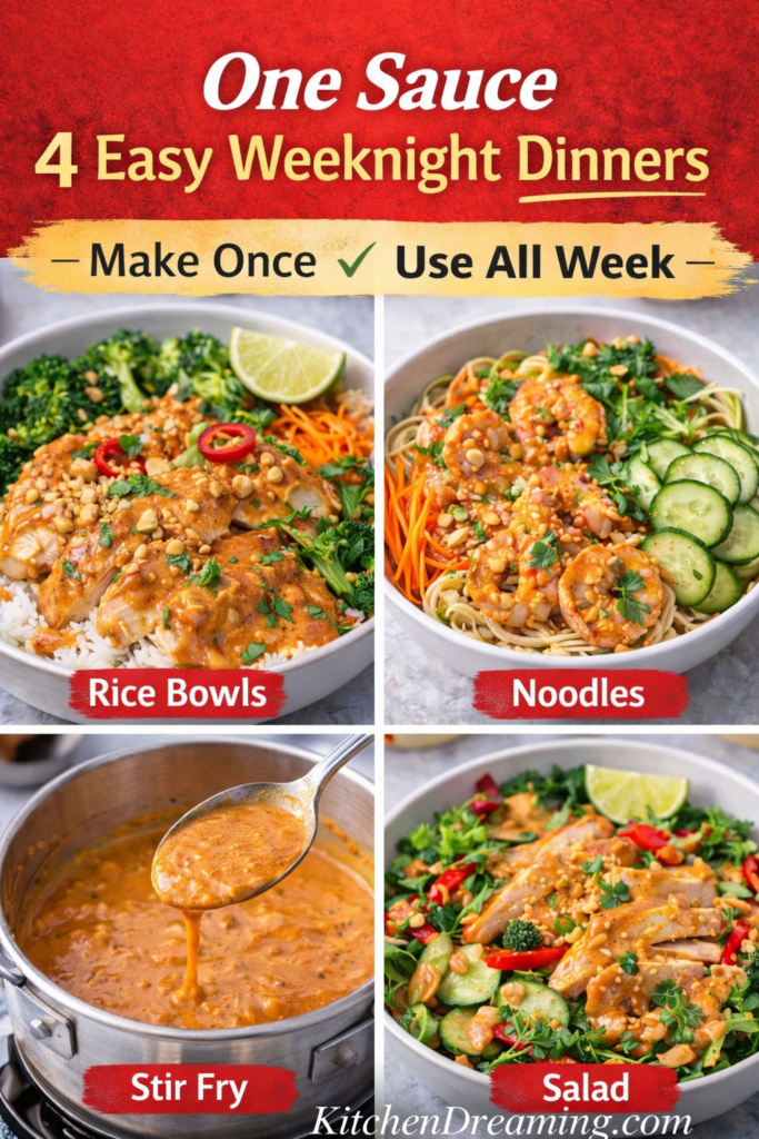 Pra Ram Sauce Recipe (Restaurant-Style Thai Peanut Curry) 10 Four dinner ideas using Pra Ram sauce including rice bowl, noodles, stir fry, and salad with Thai peanut curry sauce.