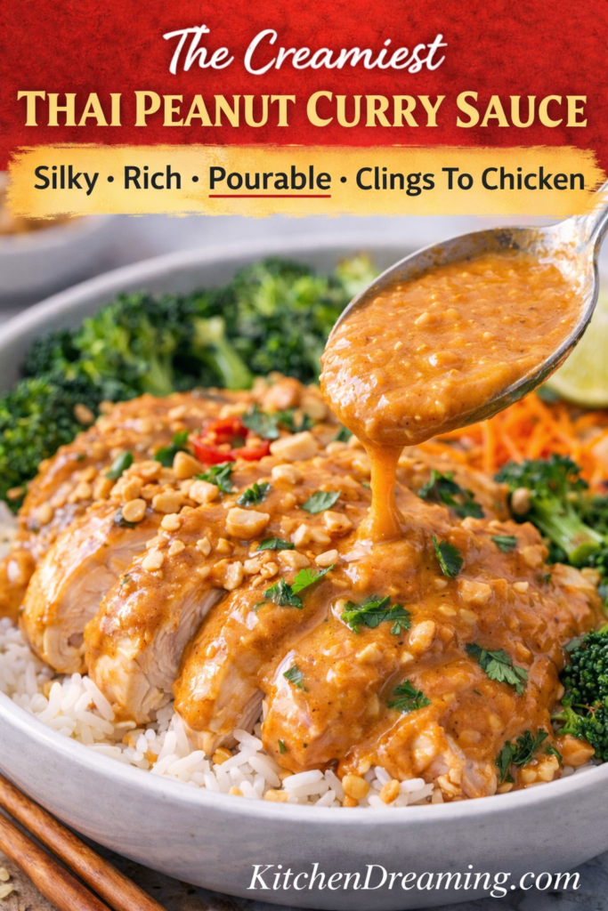 Pra Ram Sauce Recipe (Restaurant-Style Thai Peanut Curry) 11 Close up of creamy Pra Ram sauce spooned over sliced chicken showing smooth Thai peanut curry sauce texture.