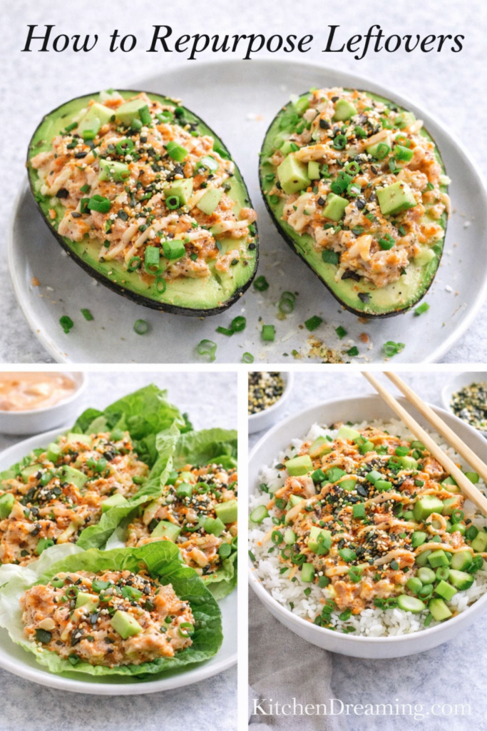 Salmon Sushi Bake Recipe (Easy, Creamy Sushi Bake) 4 Three ways to repurpose salmon sushi bake recipe leftovers: stuffed avocado, lettuce wraps, and a rice bowl.
