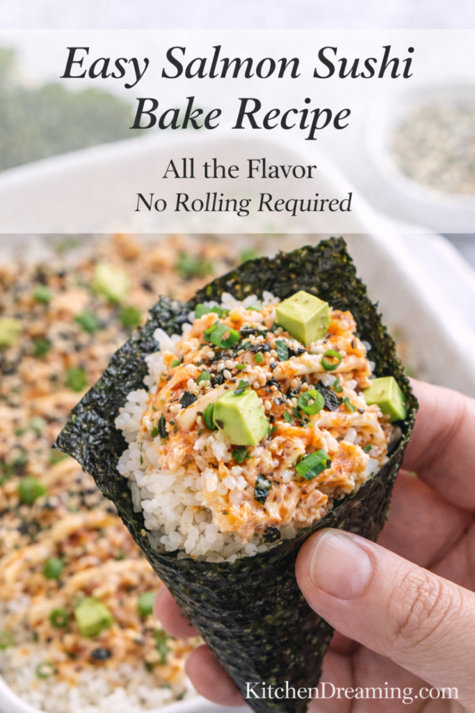 Salmon Sushi Bake Recipe (Easy, Creamy Sushi Bake) 7 Easy salmon sushi bake recipe served on nori in hand with seasoned rice, creamy salmon, avocado, and furikake.