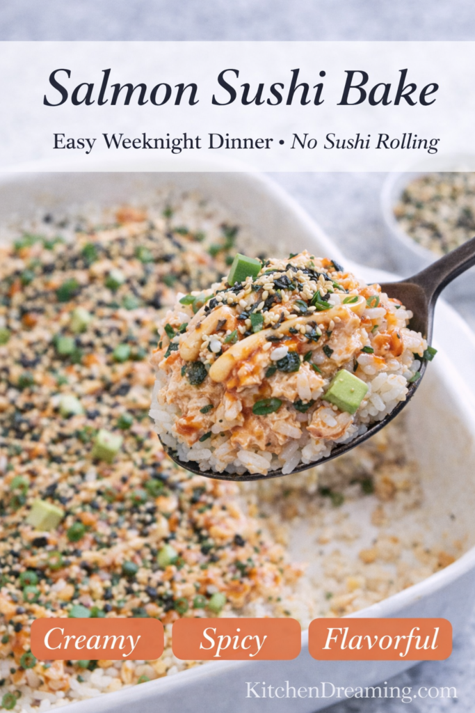 Salmon Sushi Bake Recipe (Easy, Creamy Sushi Bake) 9 Best salmon sushi bake recipe with spoonful of rice and creamy salmon topped with furikake and green onions.