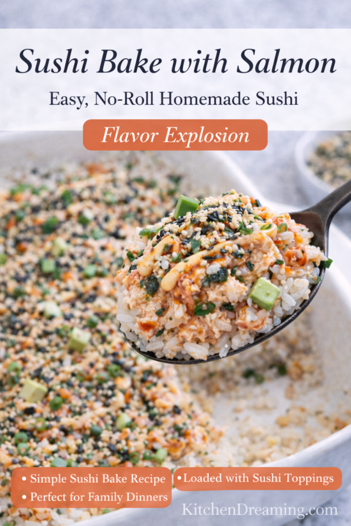 Salmon Sushi Bake Recipe (Easy, Creamy Sushi Bake) 10 Sushi bake with salmon in baking dish topped with avocado, green onions, and furikake.
