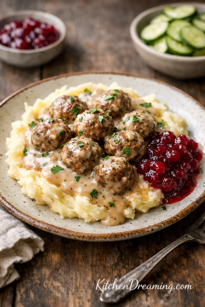 Creamy Swedish Meatballs with Homemade Gravy 1 Creamy Swedish meatballs with homemade gravy served over mashed potatoes with cranberry lingonberry substitute.
