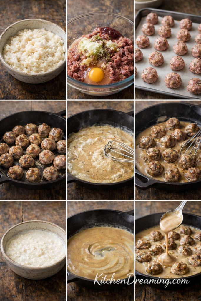Creamy Swedish Meatballs with Homemade Gravy 3 Step-by-step collage showing how to make Swedish meatballs and homemade cream gravy.