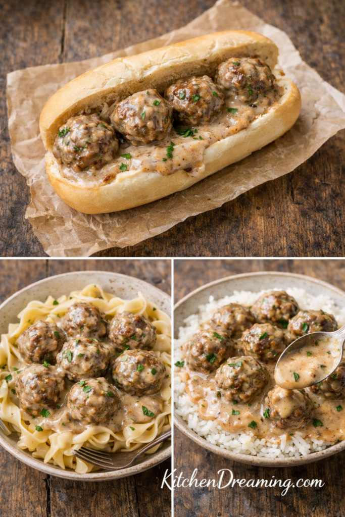 Creamy Swedish Meatballs with Homemade Gravy 4 Leftover Swedish meatballs served as sub sandwich, over noodles, and over rice with cream gravy