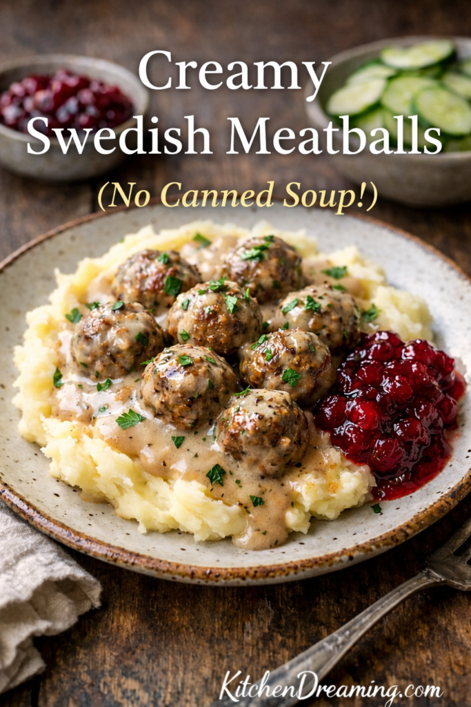 Creamy Swedish Meatballs with Homemade Gravy 8 Creamy Swedish meatballs with homemade gravy served over mashed potatoes with cranberry lingonberry substitute, no canned soup recipe.