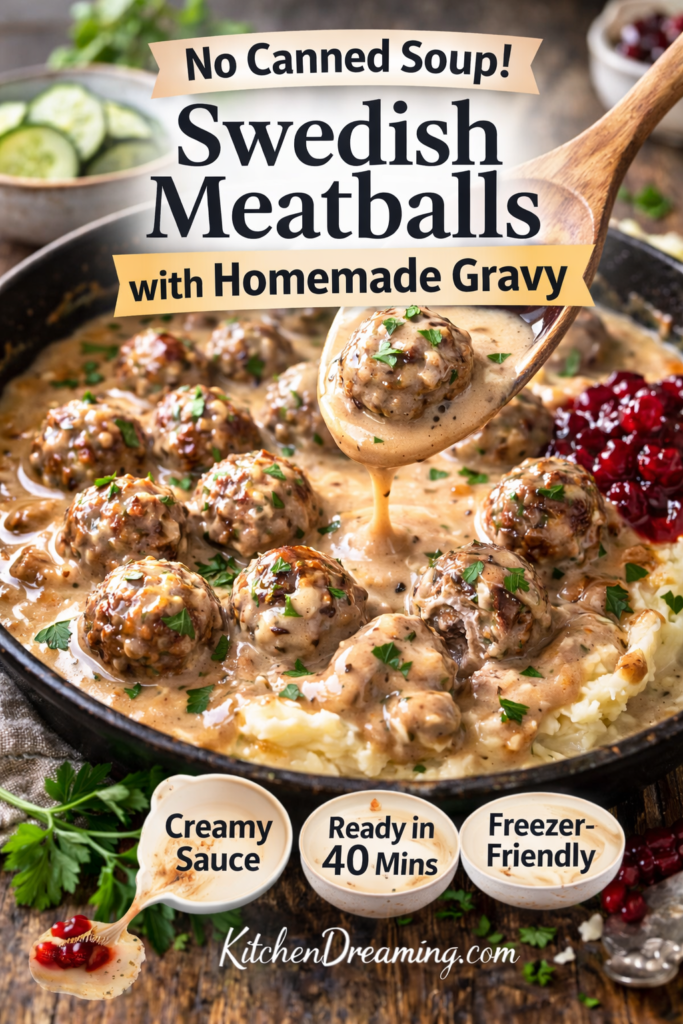 Creamy Swedish Meatballs with Homemade Gravy 9 Creamy Swedish meatballs with homemade gravy served over mashed potatoes with cranberry lingonberry substitute, no canned soup recipe.