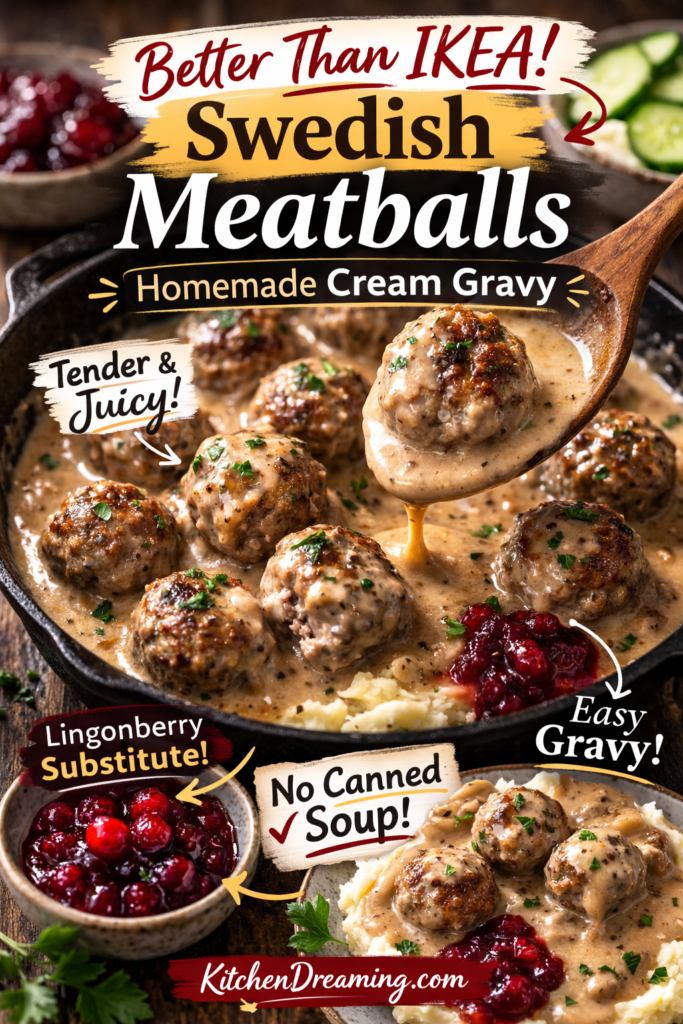 Creamy Swedish Meatballs with Homemade Gravy 10 KEA-style Swedish meatballs homemade copycat with cream gravy and cranberry lingonberry substitute.