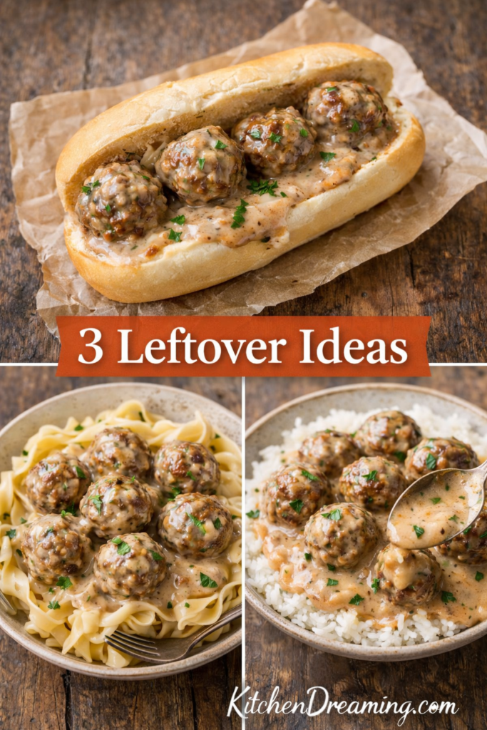 Creamy Swedish Meatballs with Homemade Gravy 12 Three leftover Swedish meatball ideas including meatball sub, egg noodles, and rice with creamy gravy.