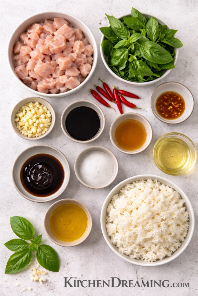 Easy Thai Basil Chicken Recipe Better Than Takeout 2 Thai Basil Chicken Recipe ingredients arranged overhead with chicken, basil, garlic, chilies, and sauces.
