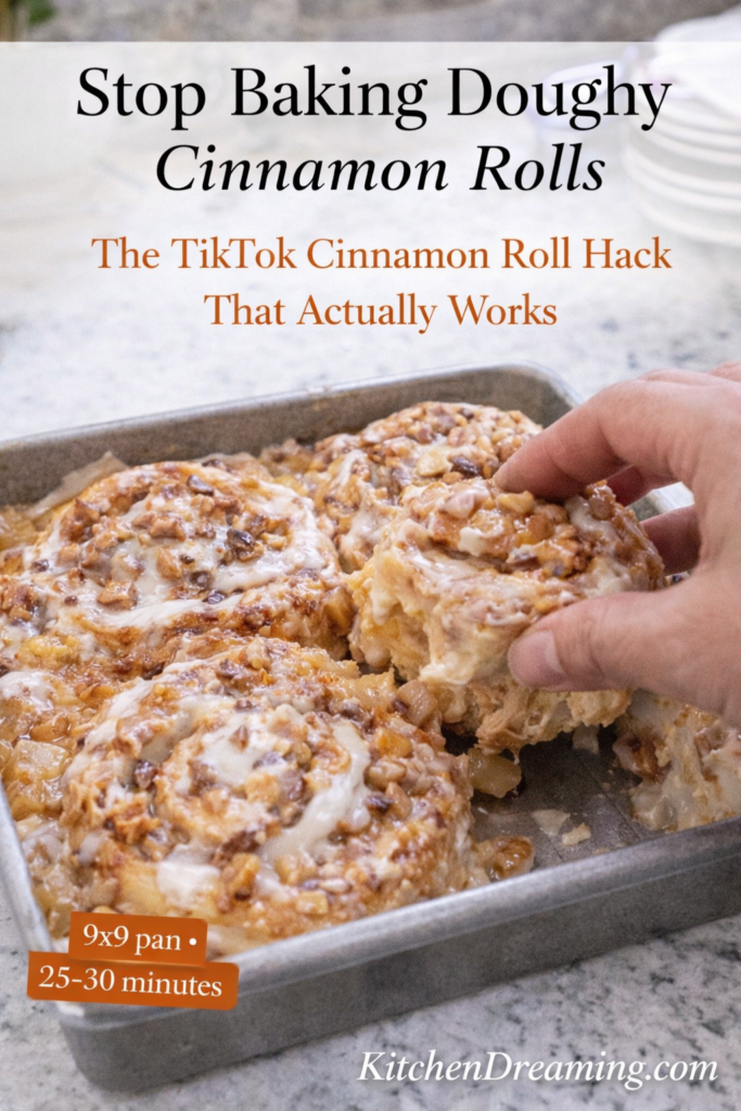 TikTok Cinnamon Roll Hack with Apple Pie Filling (Viral & Easy!) 7 TikTok cinnamon roll hack in a 9x9 pan with apple pie filling and icing, showing soft centers and golden tops in an easy cinnamon roll hack recipe.