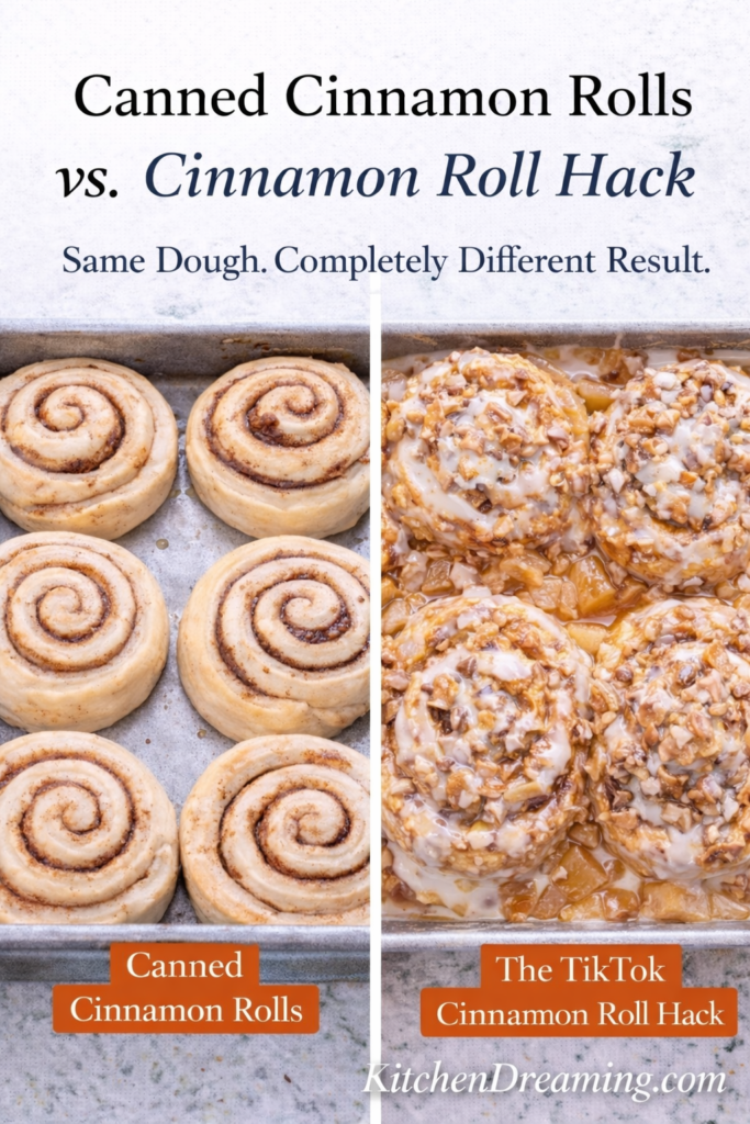 TikTok Cinnamon Roll Hack with Apple Pie Filling (Viral & Easy!) 8 Comparison of canned cinnamon rolls versus TikTok cinnamon roll hack with apple pie filling and icing, showing the gooey upgraded cinnamon roll hack recipe.