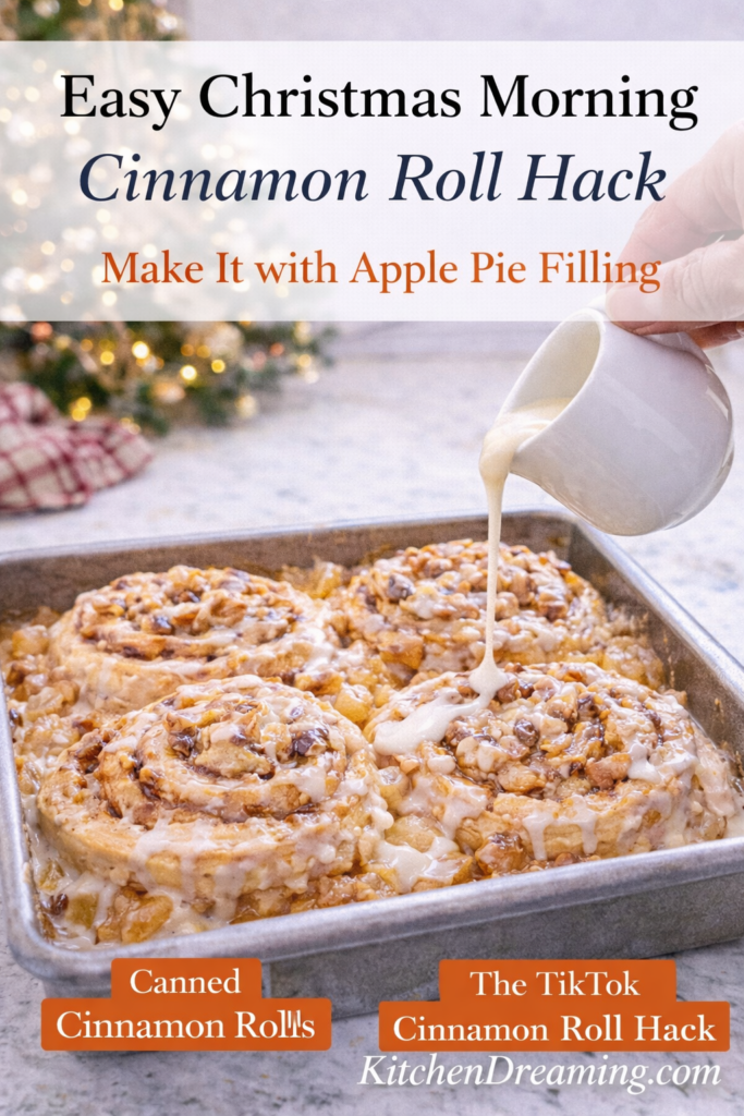 TikTok Cinnamon Roll Hack with Apple Pie Filling (Viral & Easy!) 9 TikTok cinnamon roll hack for holiday breakfast baked with apple pie filling and iced on top, made with canned cinnamon rolls in an easy cinnamon roll hack recipe.